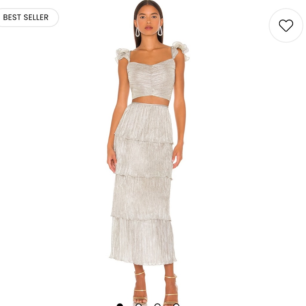 SAYLOR Metallic Silver Tiered Midi Skirt and Crop Top Set